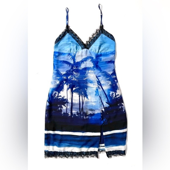 LE SUPERBE Helenas Palm Tree Mini Slip Dress Sz 8 Ocean Blue lace trim - Picture 1 of 12